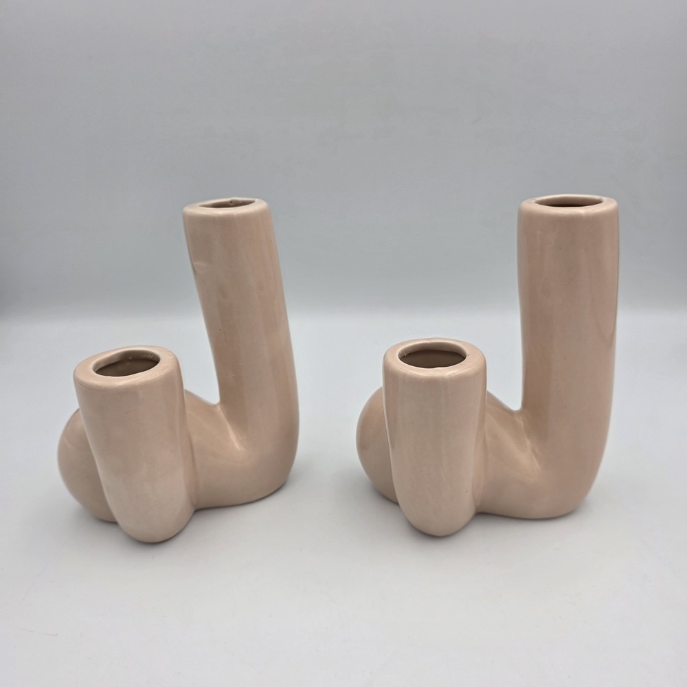 2 Nordic Style Beige Ceramic Modern Vases Decor Art Abstract Candleholders 5"